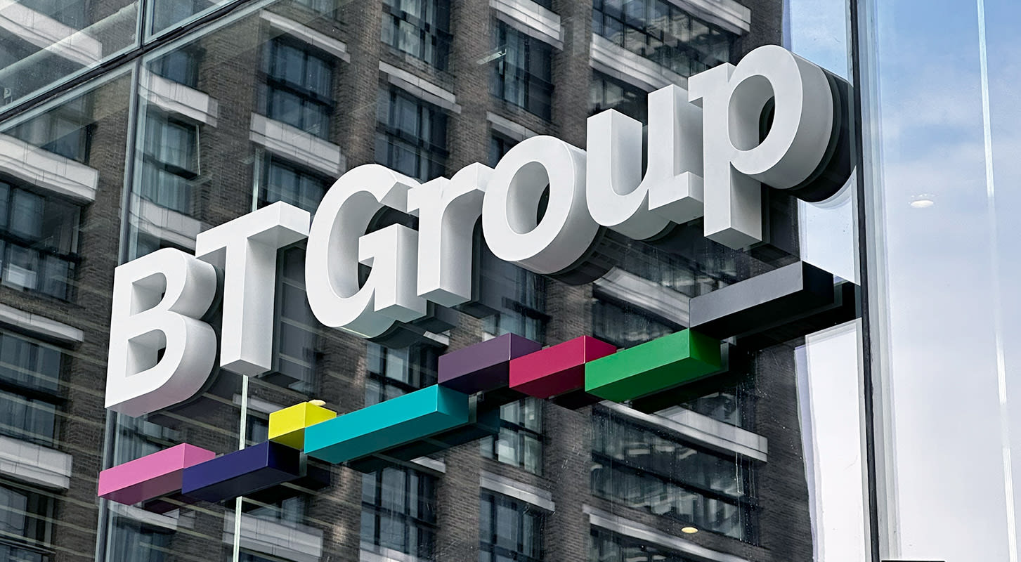 Logo of BT Group plc, a telecommunications company, prominently displayed on a building exterior.
